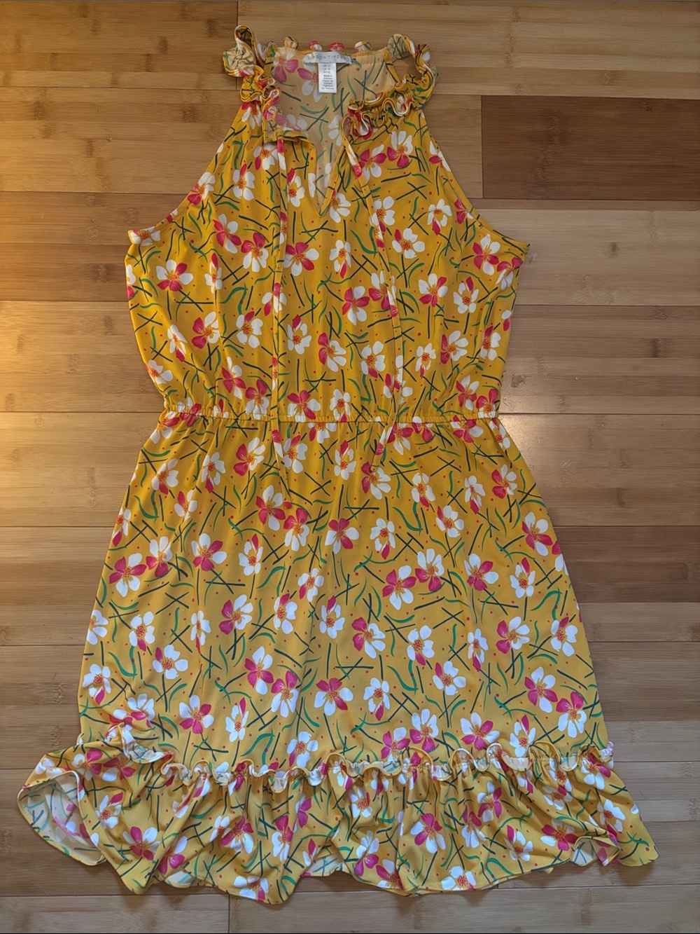 London Times Yellow Floral Ruffle Sundress with Pink Accents